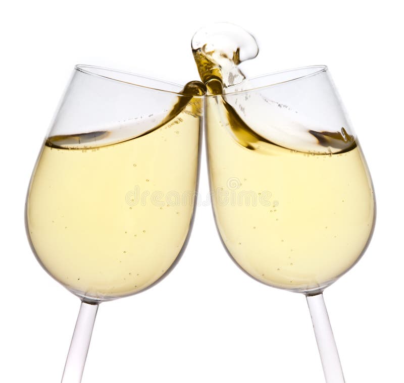 Isolated pair of champagne flutes making a toast