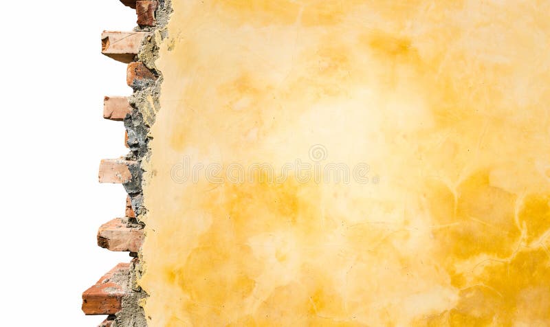 Isolated part of yellow brick plastered wall isolated on white. Wall is half-destroyed with bricks and cement sticked out from one side. Place for your text on yellow wall. Isolated part of yellow brick plastered wall isolated on white. Wall is half-destroyed with bricks and cement sticked out from one side. Place for your text on yellow wall.