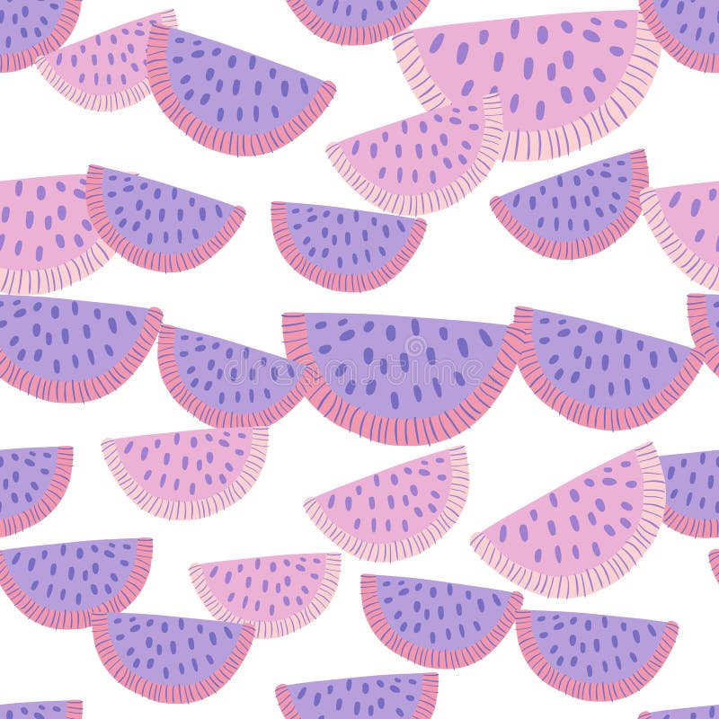 Isolated purple and lilac abstract lemon slice shapes print. White background. Random berry slices backdrop royalty free illustration