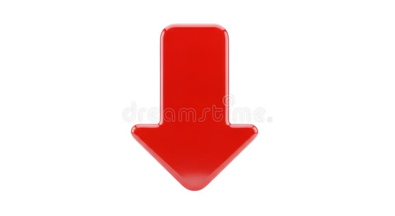 Red arrow pointing down, direction indicator, glossy finish, isolated symbol, 3d render vector illustration