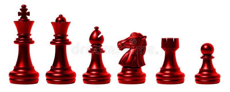 Isolated red chess set chess piece king, queen, bishop, knight horse, rook, pawn on white background. business, competition