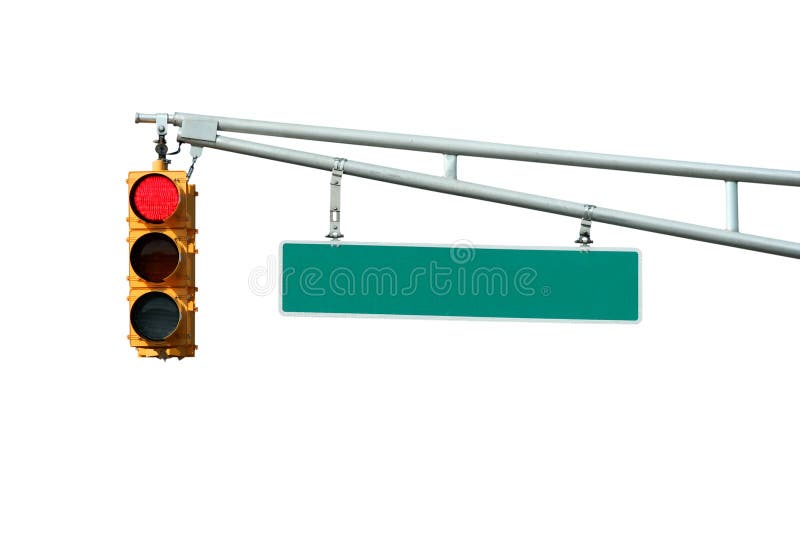 Isolated Red traffic signal light with sign