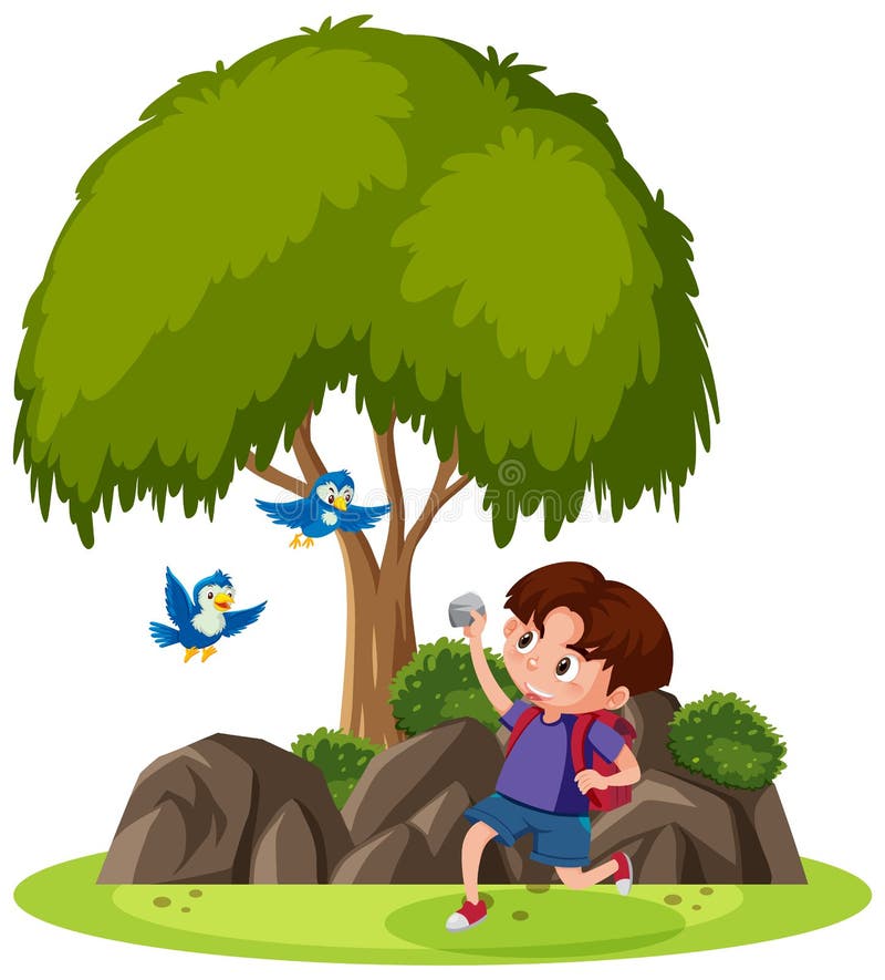 Isolated scene with a boy trying to throw stone to birds