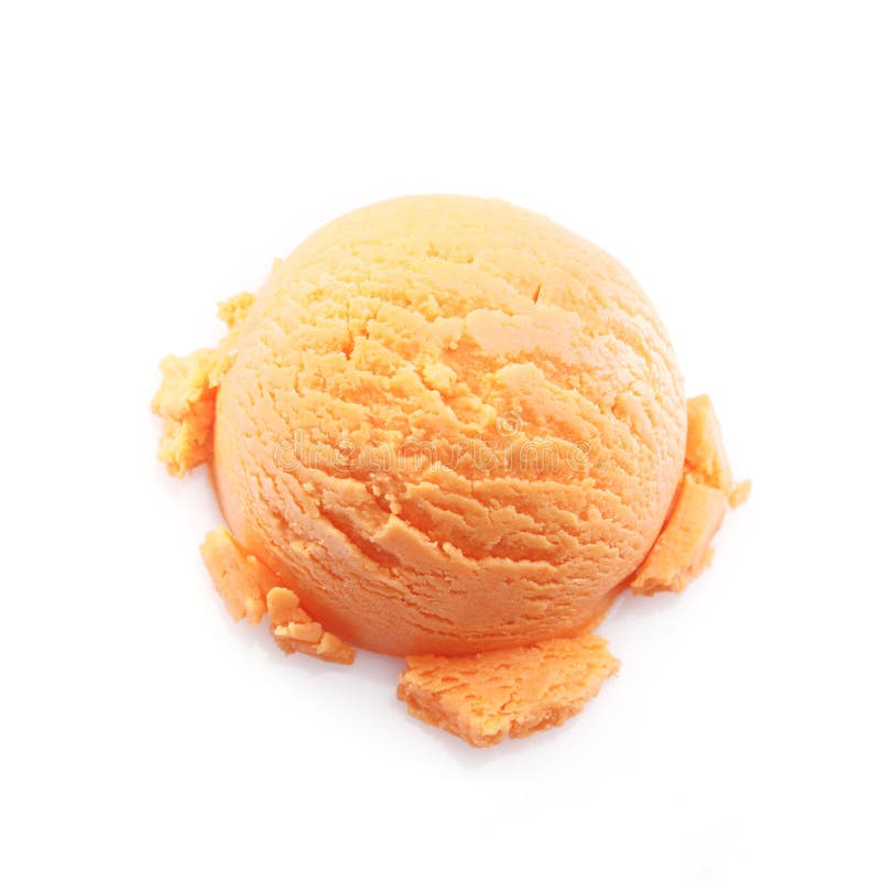 High angle view on a scoop of mango ice cream isolated on white background. High angle view on a scoop of mango ice cream isolated on white background