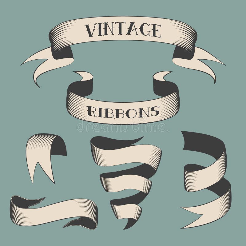 Isolated Set Thin Line Ribbons in Old Style. Lineart Vector
