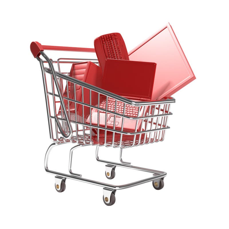 Isolated shopping cart with technology concept. Isolated concept of shopping cart with lots of technology equipment, this image contains clipping path for exact royalty free stock images Isolated shopping cart with technology concept. Isolated concept of shopping cart with lots of technology equipment, this image contains clipping path for exact royalty free stock images