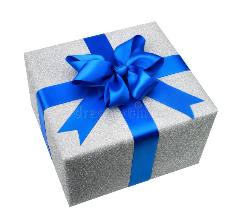 Isolated silver gift box with elegant blue bow