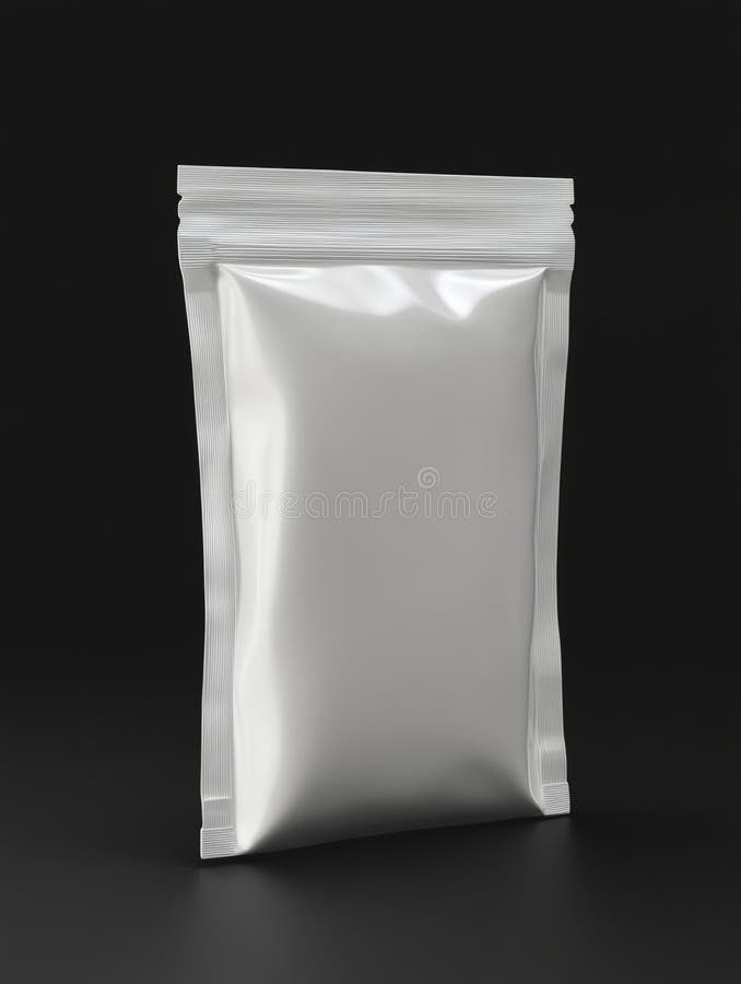 An isolated silver metallic foil packaging bag on a dark background stock image