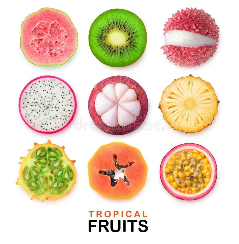 Isolated slices of tropical fruits stock photography Isolated slices of tropical fruits stock photography