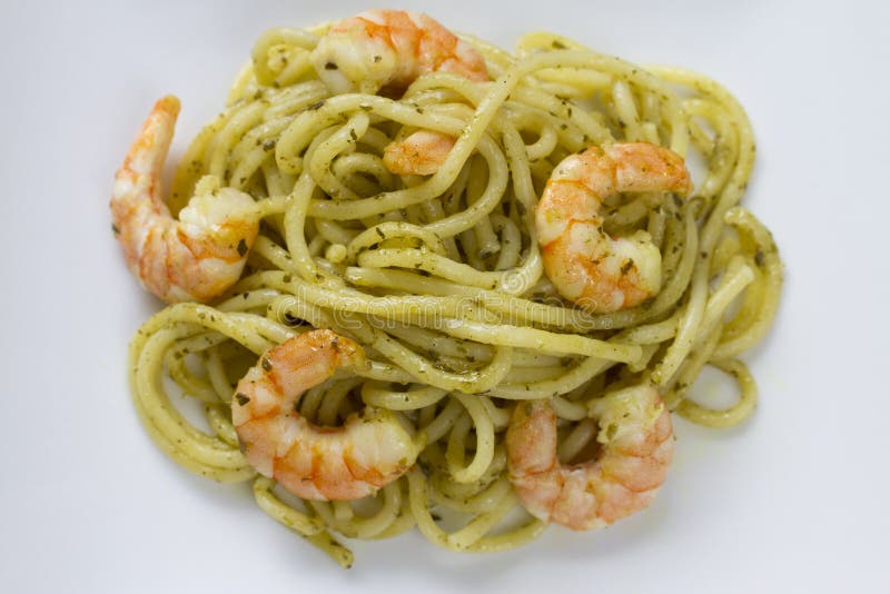 Isolated Spaghetti with Prawns and Pesto Stock Photo Image of