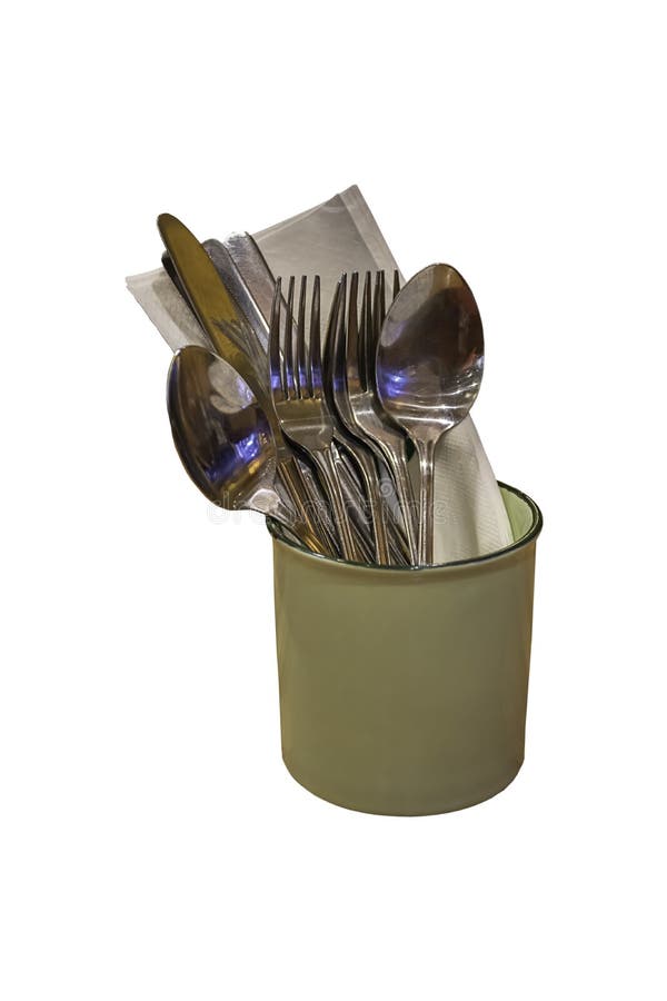 Isolated Spoon, Fork and Knife in a Glass of Zinc on a White Background