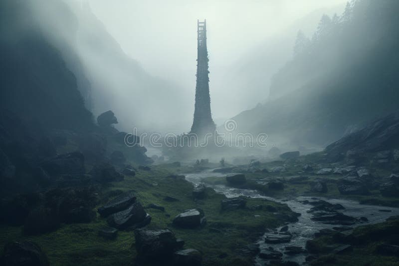 Isolated tower reaching into the misty and royalty free illustration