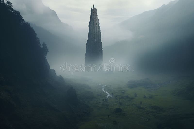 Isolated tower reaching into the misty and stock illustration