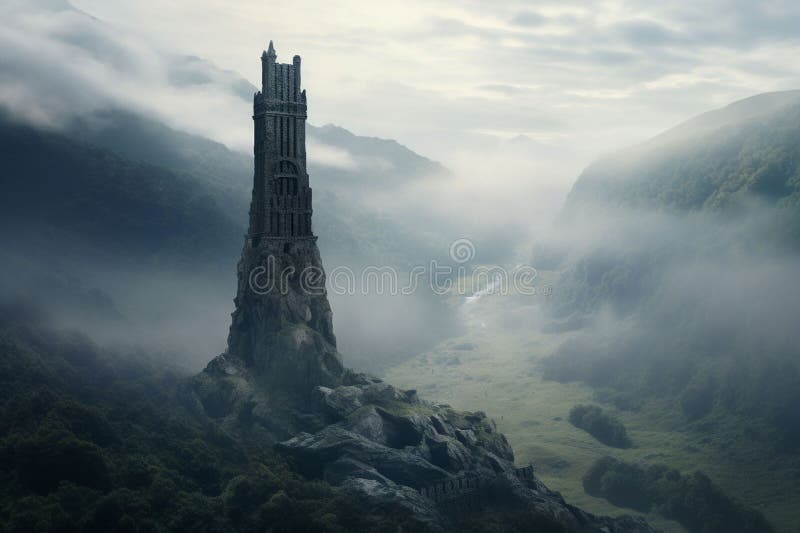 Isolated tower reaching into the misty and royalty free illustration