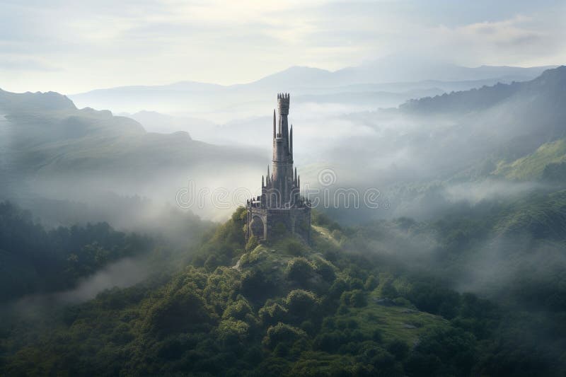 Isolated tower reaching into the misty and vector illustration