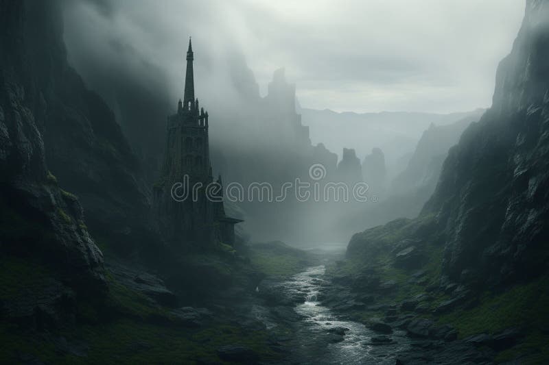 Isolated tower reaching into the misty and stock illustration