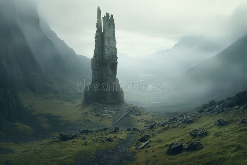 Isolated tower reaching into the misty and stock illustration