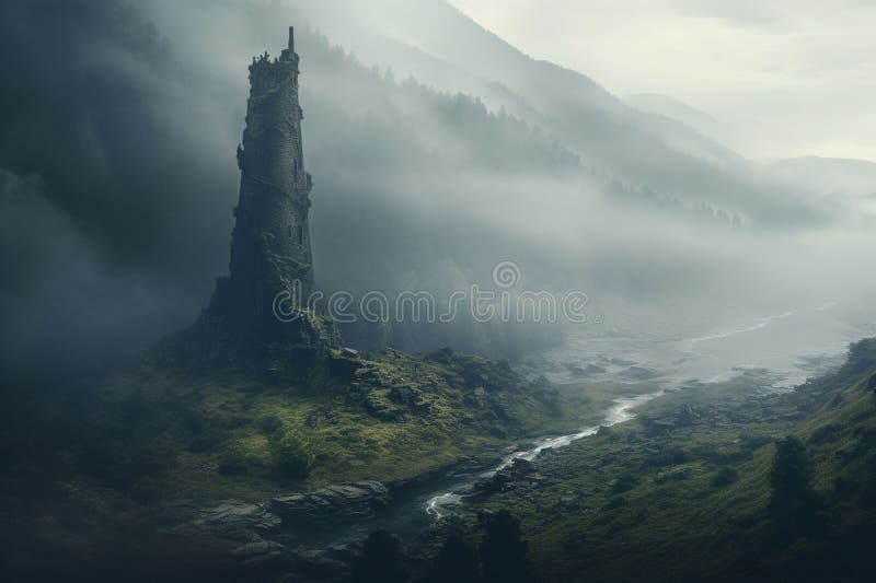 Isolated tower reaching into the misty and royalty free illustration