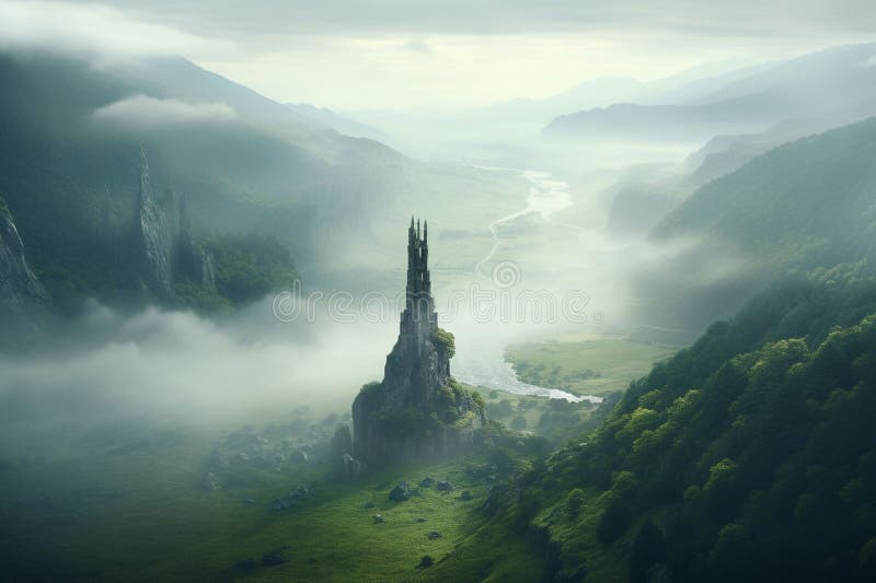 Isolated tower reaching into the misty and vector illustration