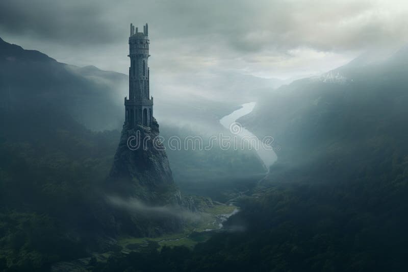 Isolated tower reaching into the misty and vector illustration