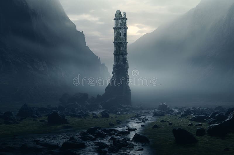 Isolated tower reaching into the misty and royalty free illustration