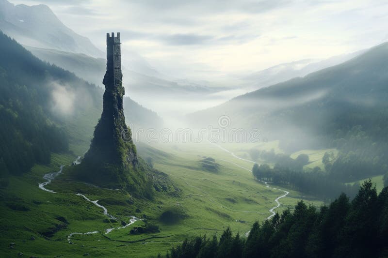 Isolated tower reaching into the misty vector illustration