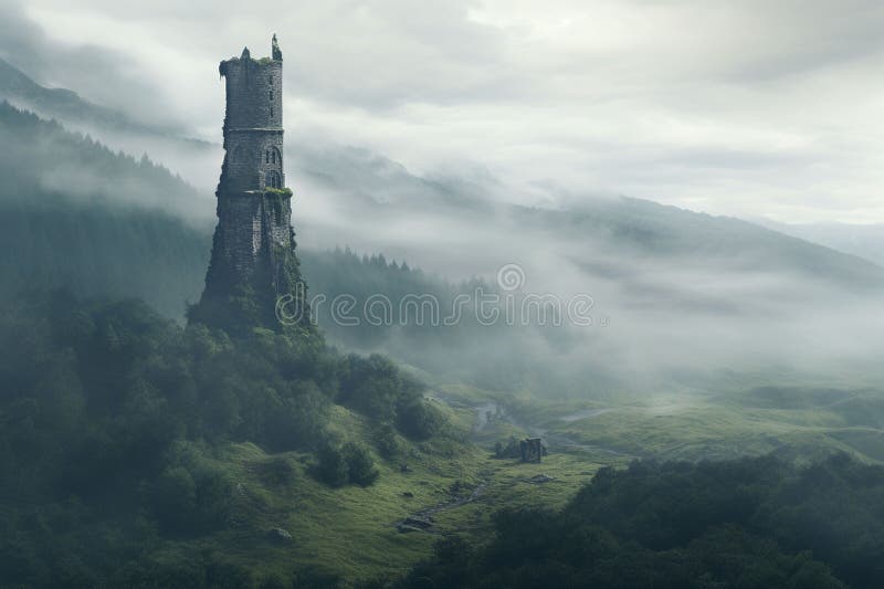 Isolated tower reaching into the misty royalty free illustration