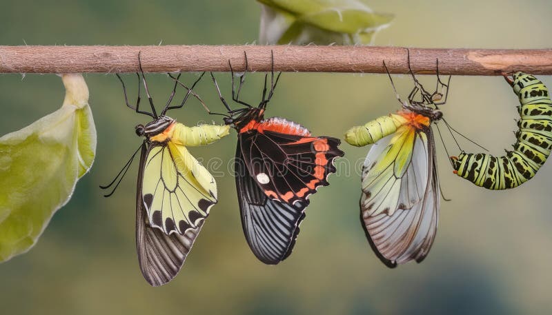 Isolated transformation of common tiger butterfly emerging from cocoon on branch stock illustration