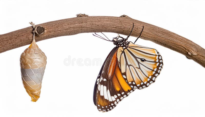 Isolated transformation of common tiger butterfly emerging from cocoon on branch vector illustration