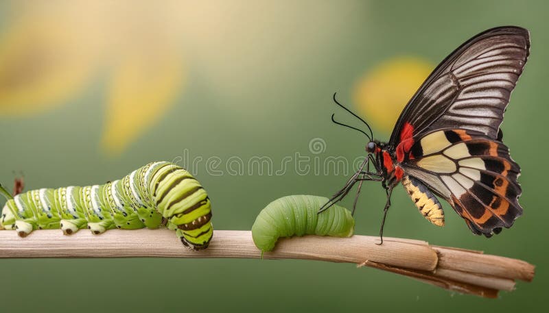 Isolated transformation of common tiger butterfly emerging from cocoon on branch vector illustration