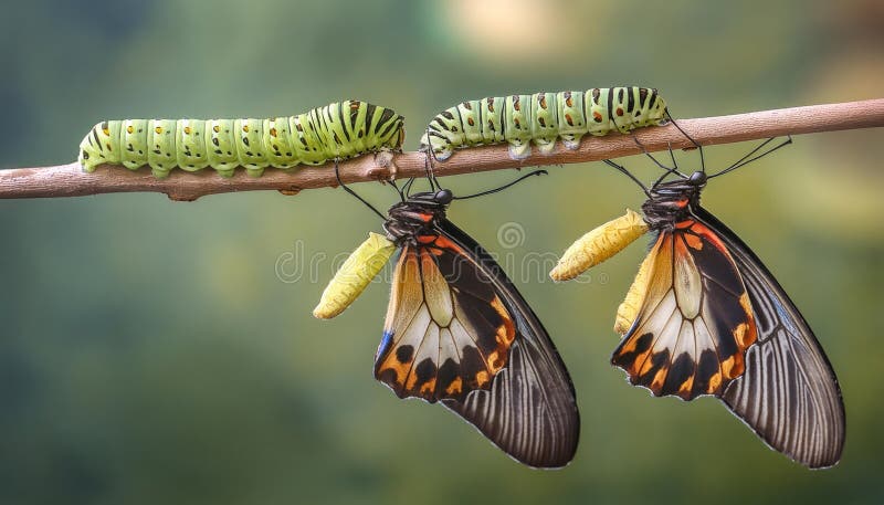Isolated transformation of common tiger butterfly emerging from cocoon on branch stock illustration