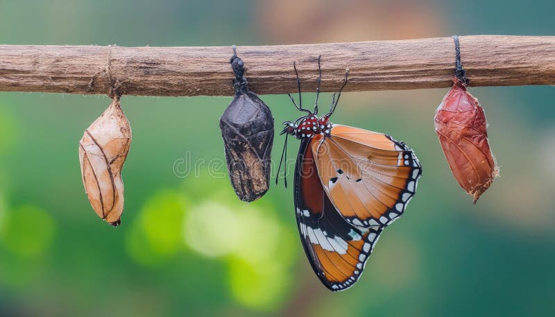 Isolated transformation of common tiger butterfly emerging from cocoon on branch stock illustration