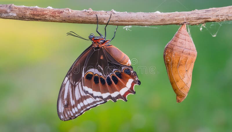 Isolated transformation of common tiger butterfly emerging from cocoon on branch vector illustration