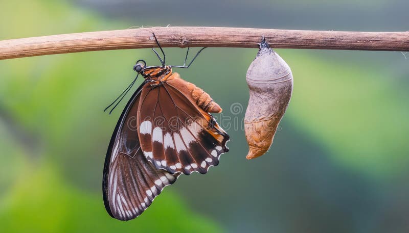 Isolated transformation of common tiger butterfly emerging from cocoon on branch stock illustration