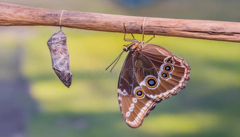 Isolated transformation of common tiger butterfly emerging from cocoon on branch stock illustration