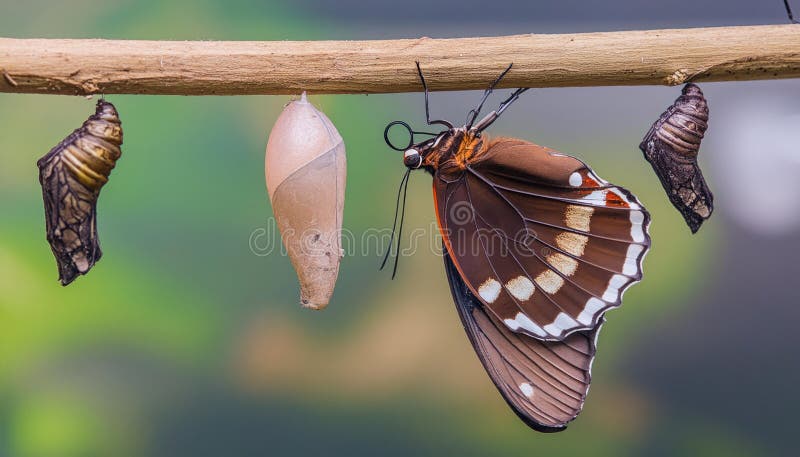 Isolated transformation of common tiger butterfly emerging from cocoon on branch royalty free illustration