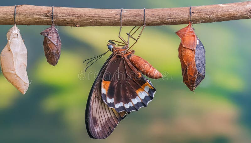 Isolated transformation of common tiger butterfly emerging from cocoon on branch stock illustration
