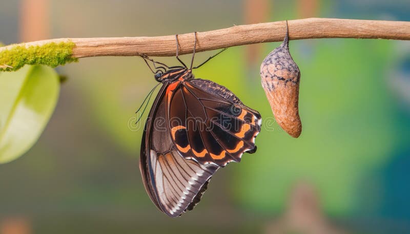 Isolated transformation of common tiger butterfly emerging from cocoon on branch royalty free illustration