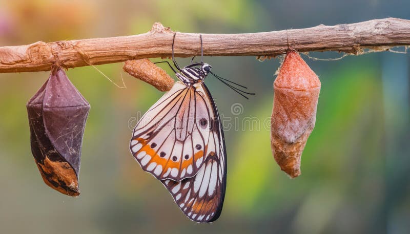 Isolated transformation of common tiger butterfly emerging from cocoon on branch stock illustration