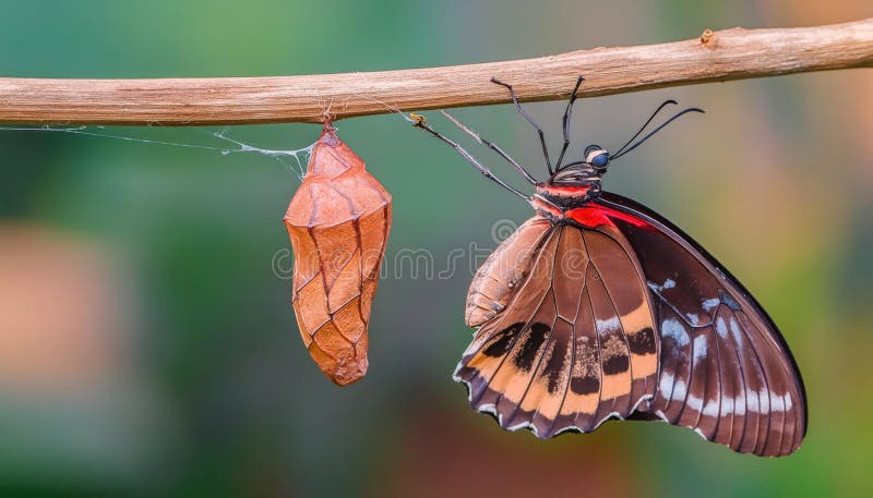 Isolated transformation of common tiger butterfly emerging from cocoon on branch royalty free illustration