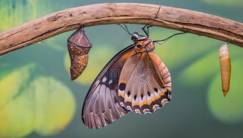 Isolated transformation of common tiger butterfly emerging from cocoon on branch royalty free illustration
