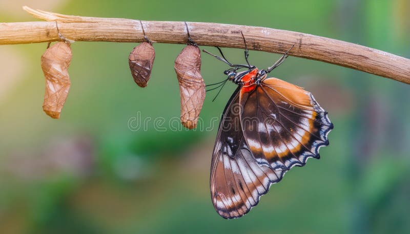 Isolated transformation of common tiger butterfly emerging from cocoon on branch royalty free illustration
