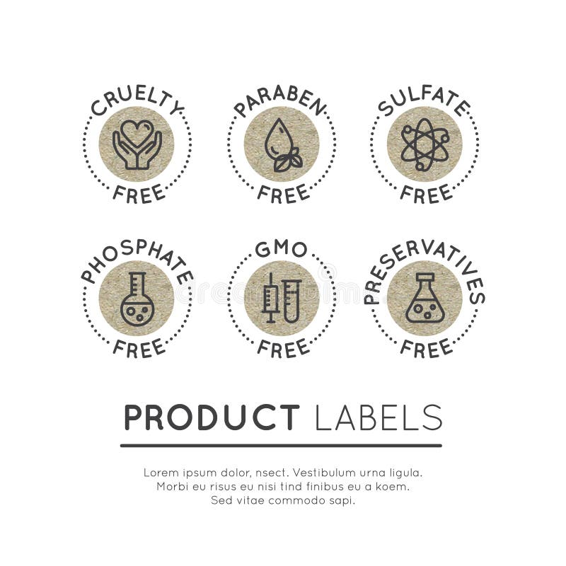 Isolated Vector Style Illustration Logo Set Badge Ingredient Warning Label Icons. GMO, SLS, Paraben, Cruelty, Sulfate, Sodium, Phosphate, Silicone, Preservative Free Organic Product Stickers