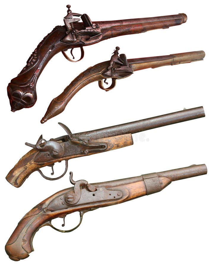 Isolated vintage firearm pistols