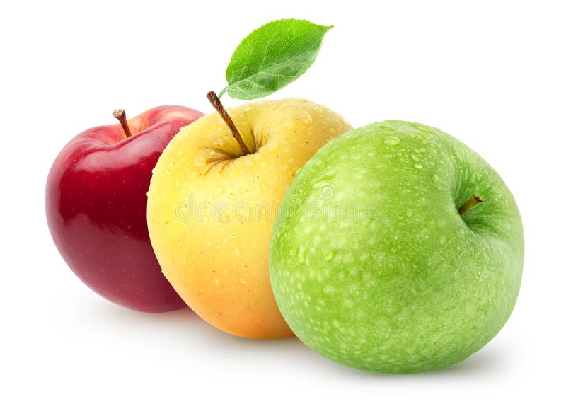 Isolated wet apples. Green, yellow, red apple fruits isolated on white background with clipping path. stock images