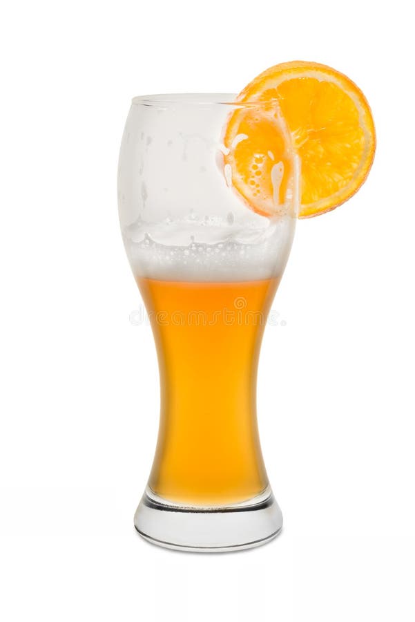 Isolated Wheat Beer, Half Full with Orange Slice stock photo Isolated Wheat Beer, Half Full with Orange Slice stock photo