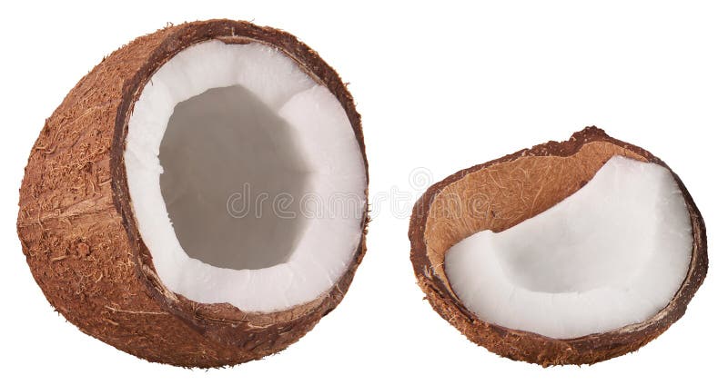 Isolated on white open ripe tropical coco nut fruit. Coconut cut with white flesh. Tropical food concept. Food parts and elements stock photo Isolated on white open ripe tropical coco nut fruit. Coconut cut with white flesh. Tropical food concept. Food parts and elements stock photo