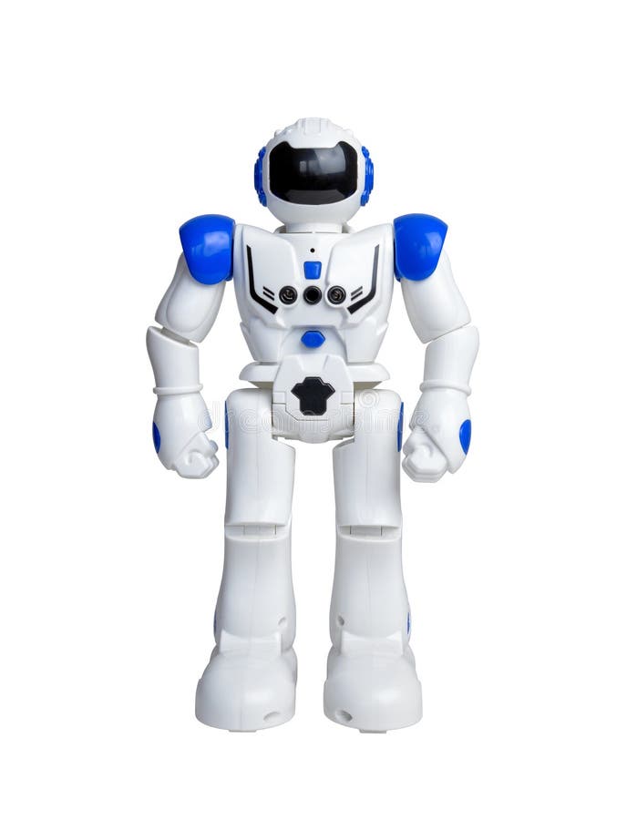 Isolated White Robot with Blue Details and Various Sensors for Movement