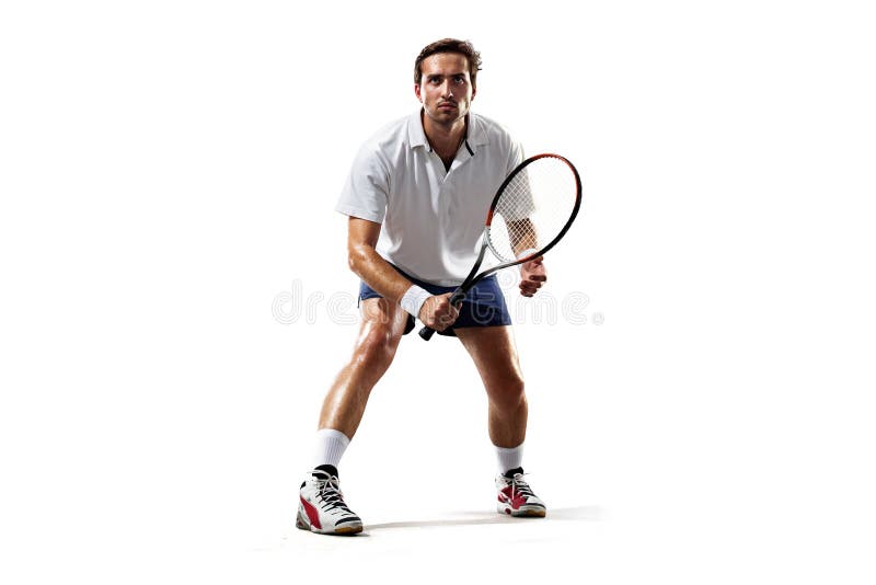 Isolated on the white young man is playing tennis