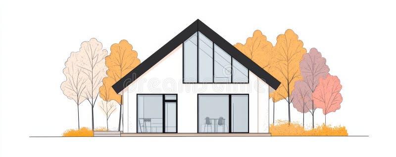 An isolated wooden house in the Spruce forest at sunset. Continuous line drawing illustration. stock photography
